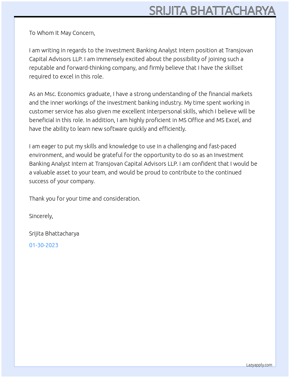 Investment Banking Analyst Intern At Transjovan Capital Advisors LLP  Cover Letter