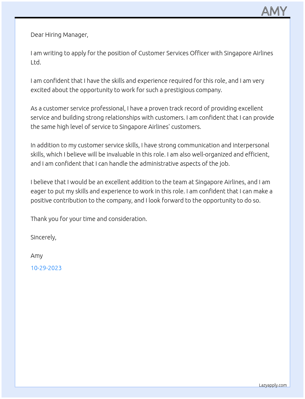 Customer Services Officer At Singapore Airlines Ltd Cover Letter