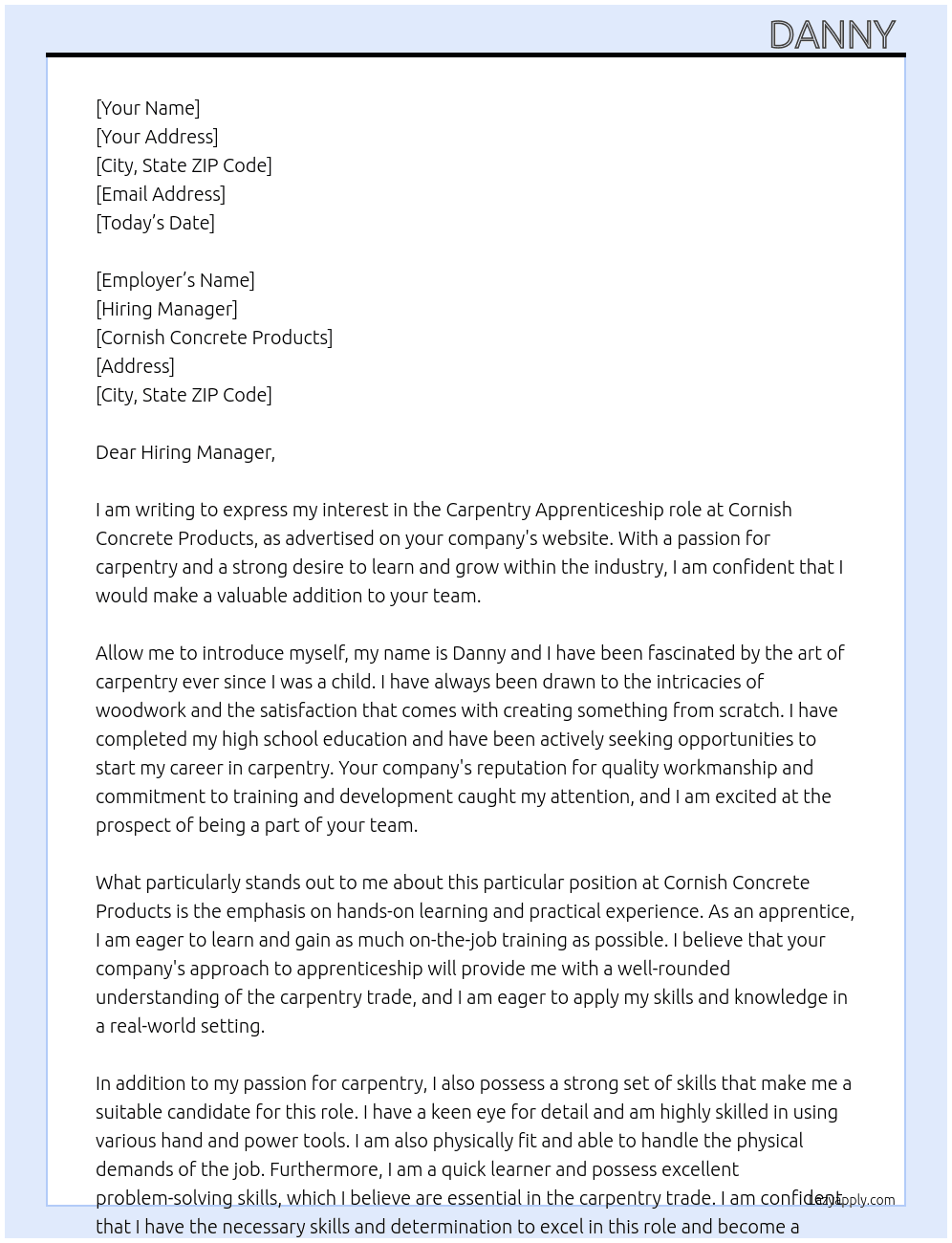 Carpentry Apprenticeship  At Cornish Concrete Products  Cover Letter