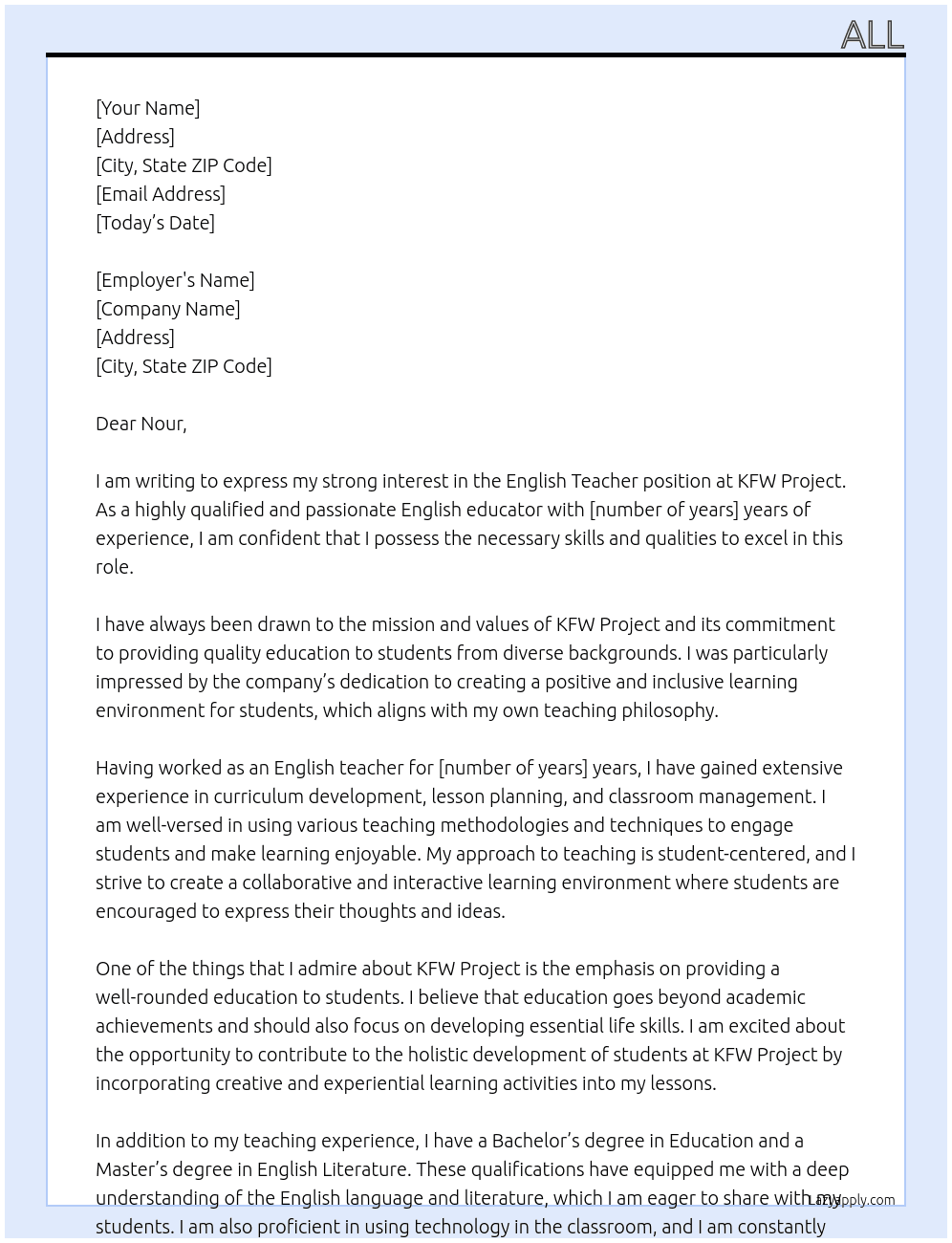 English Teacher At KFW Project Cover Letter