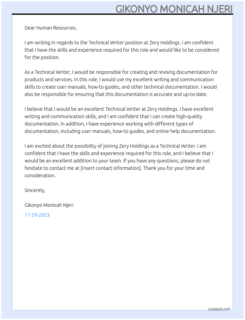 technical writer At zery Holdings Cover Letter
