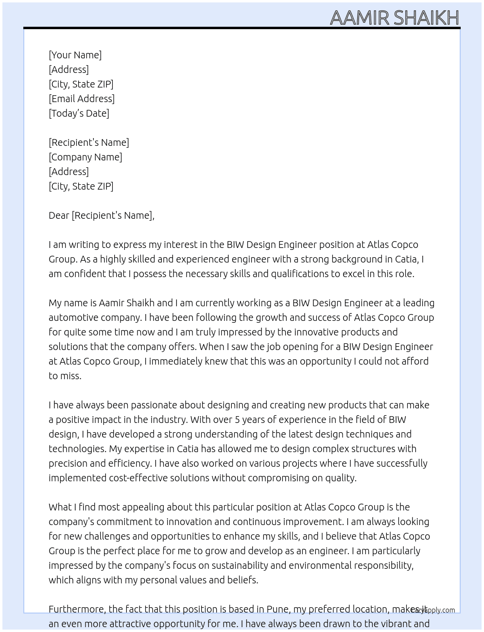 BIW DESIGN ENGINEER  At Atlas copco group  Cover Letter