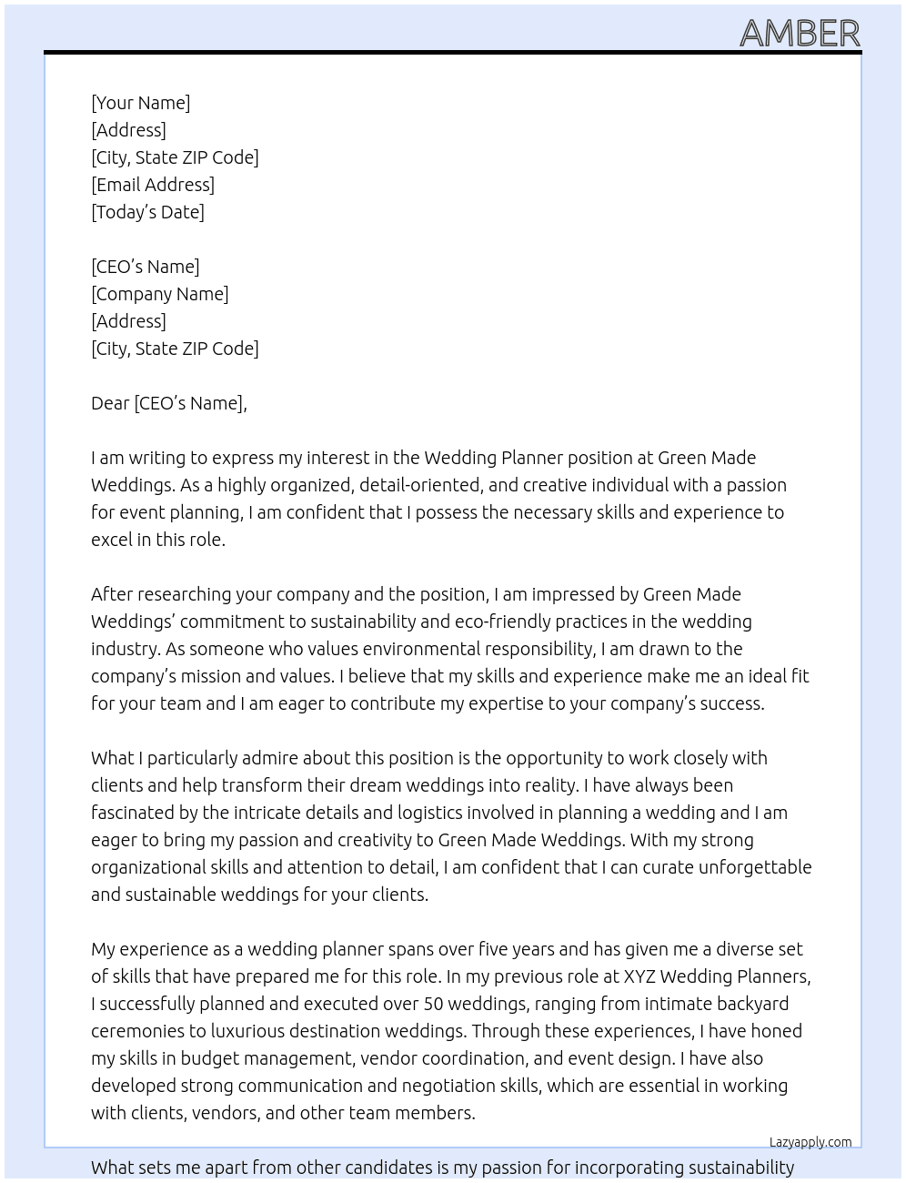 Wedding Planner At Green Made Weddings Cover Letter