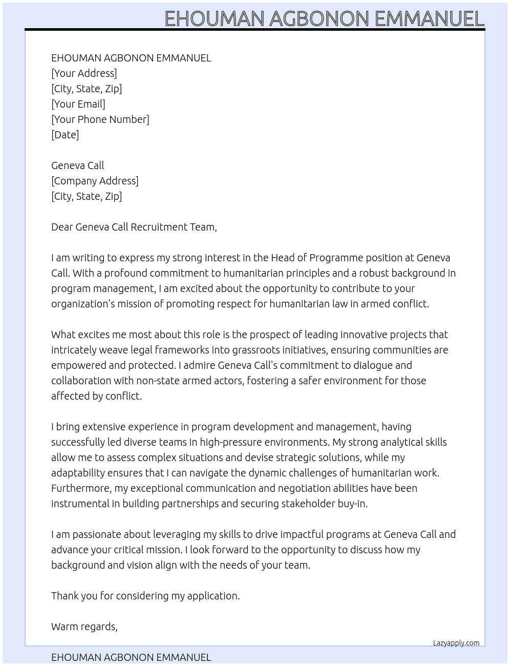 head of programme At geneva call Cover Letter
