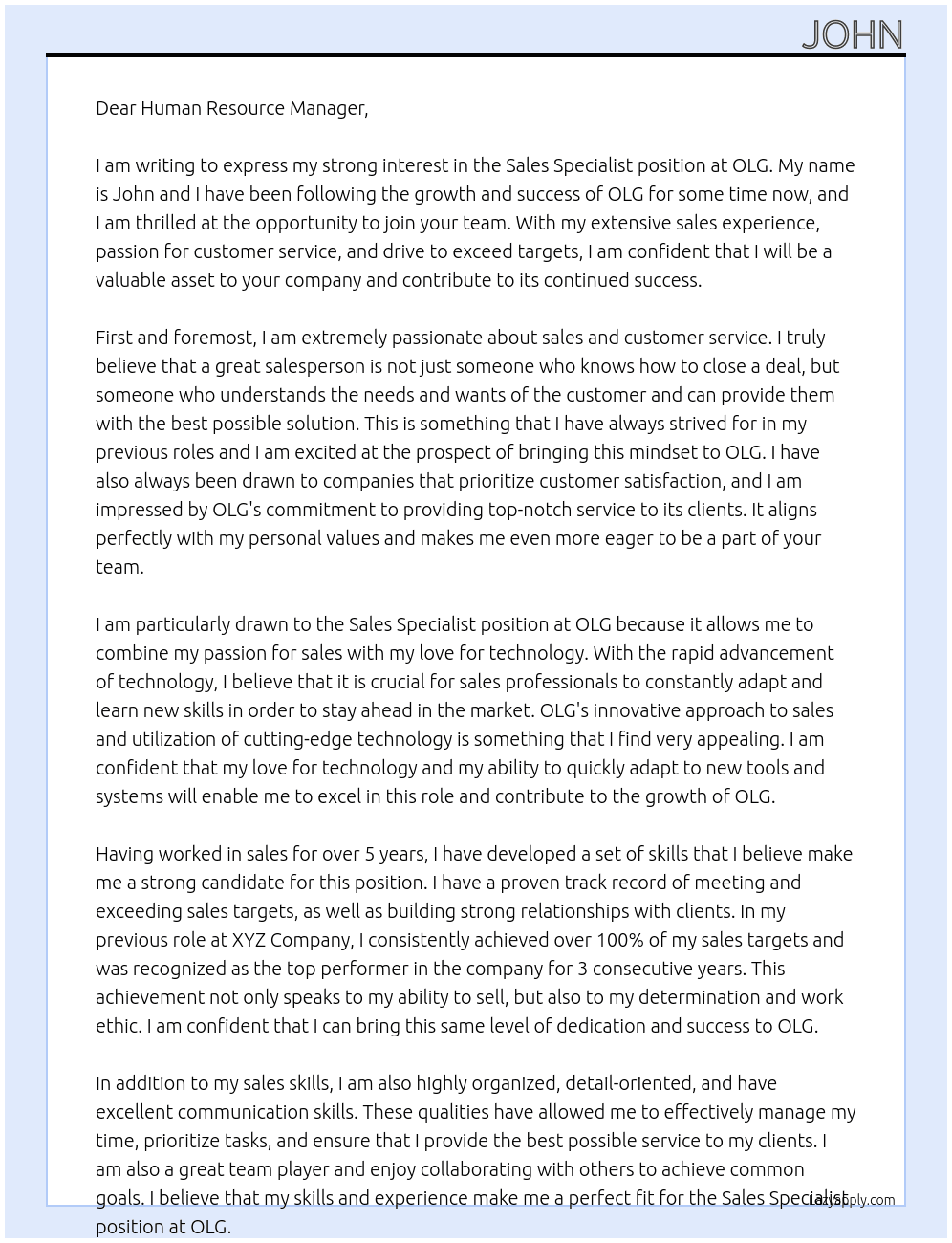 sales specialist At olg Cover Letter