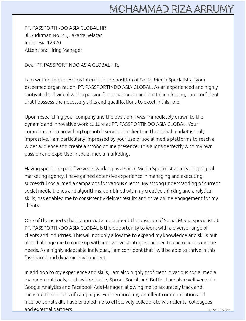 Social medi specialist At PT. PASSPORTINDO ASIA GLOBAL Cover Letter