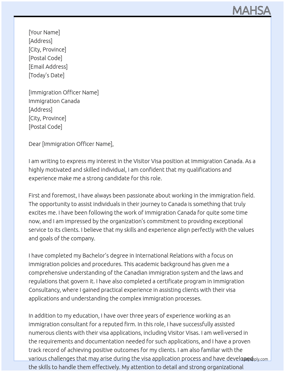 Visitor vizza At Immigration  Cover Letter