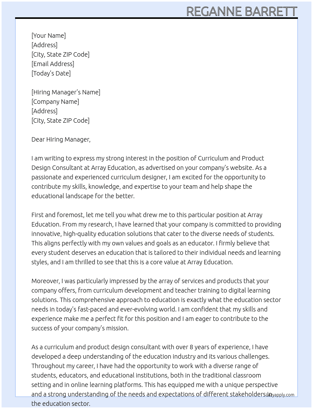 Curriculum and product design consultant At Array education  Cover Letter