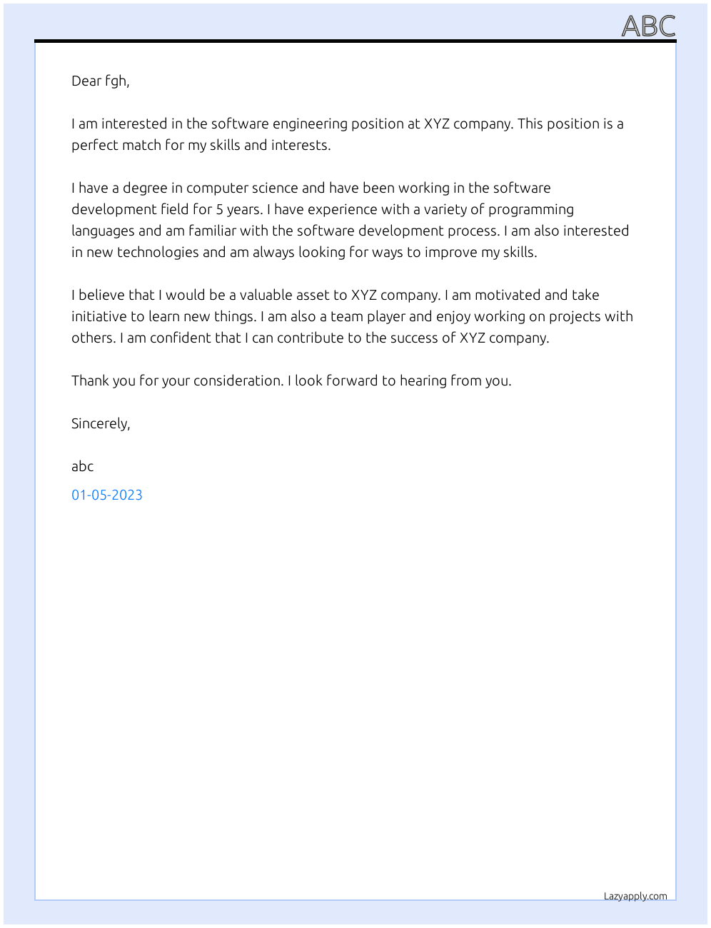 Cover letter for software engg - LazyApply