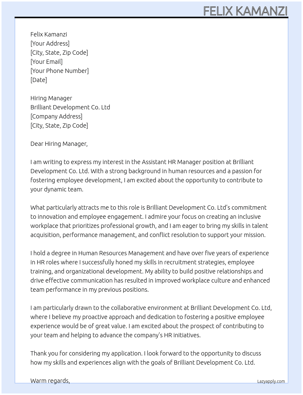 ASSITANT HR MANAGER At Brilliant Development Co. Ltd Cover Letter
