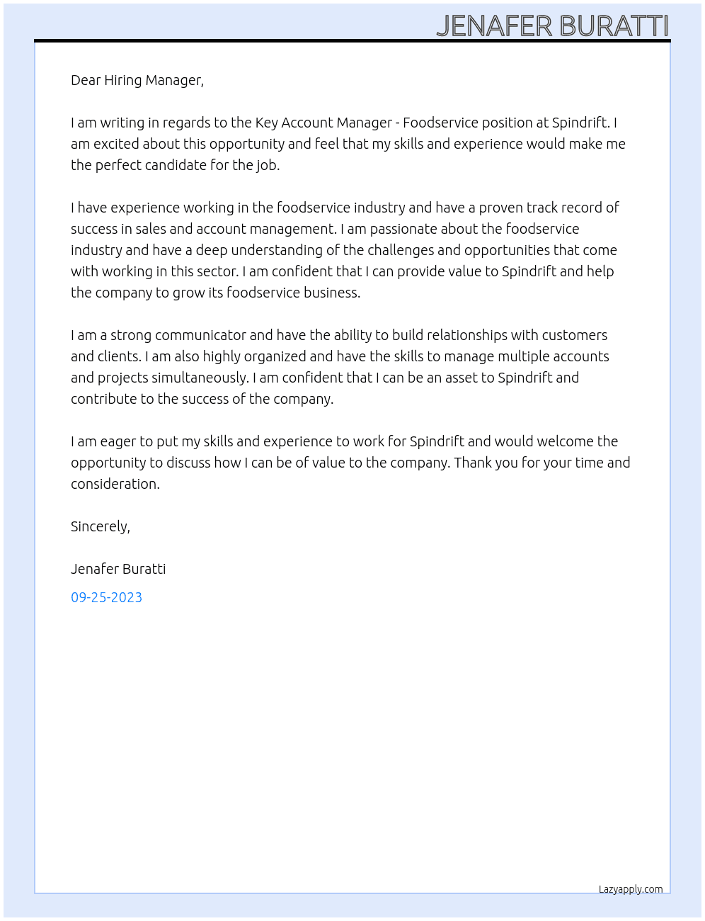 Key Account Manager - Foodservice At Spindrift Cover Letter