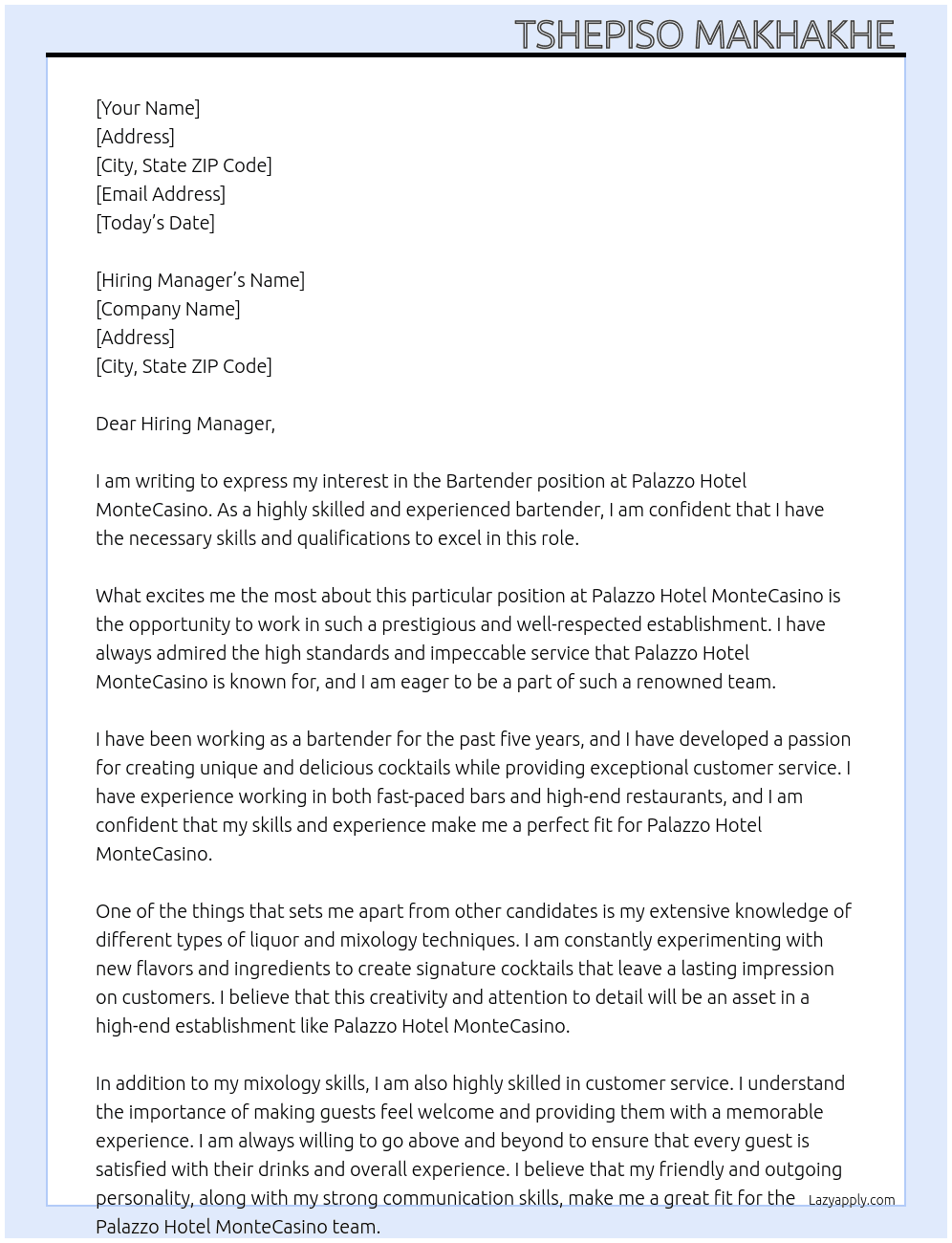 Bartender  At Palazzo Hotel MonteCasino  Cover Letter