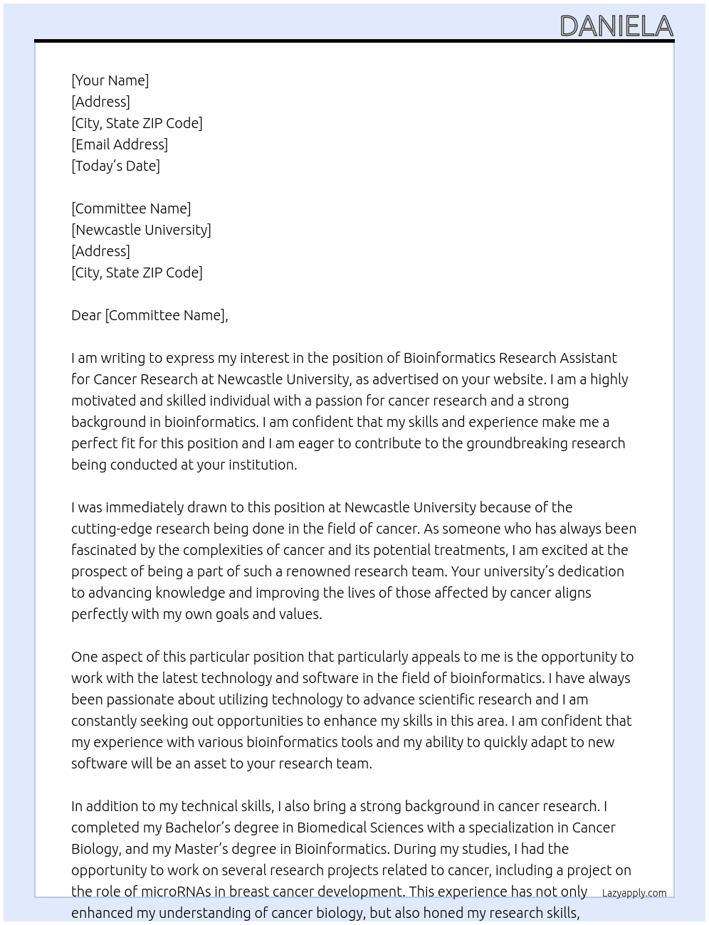 Bioinformatics Research Assistant: Cancer Research At Newcastle University Cover Letter