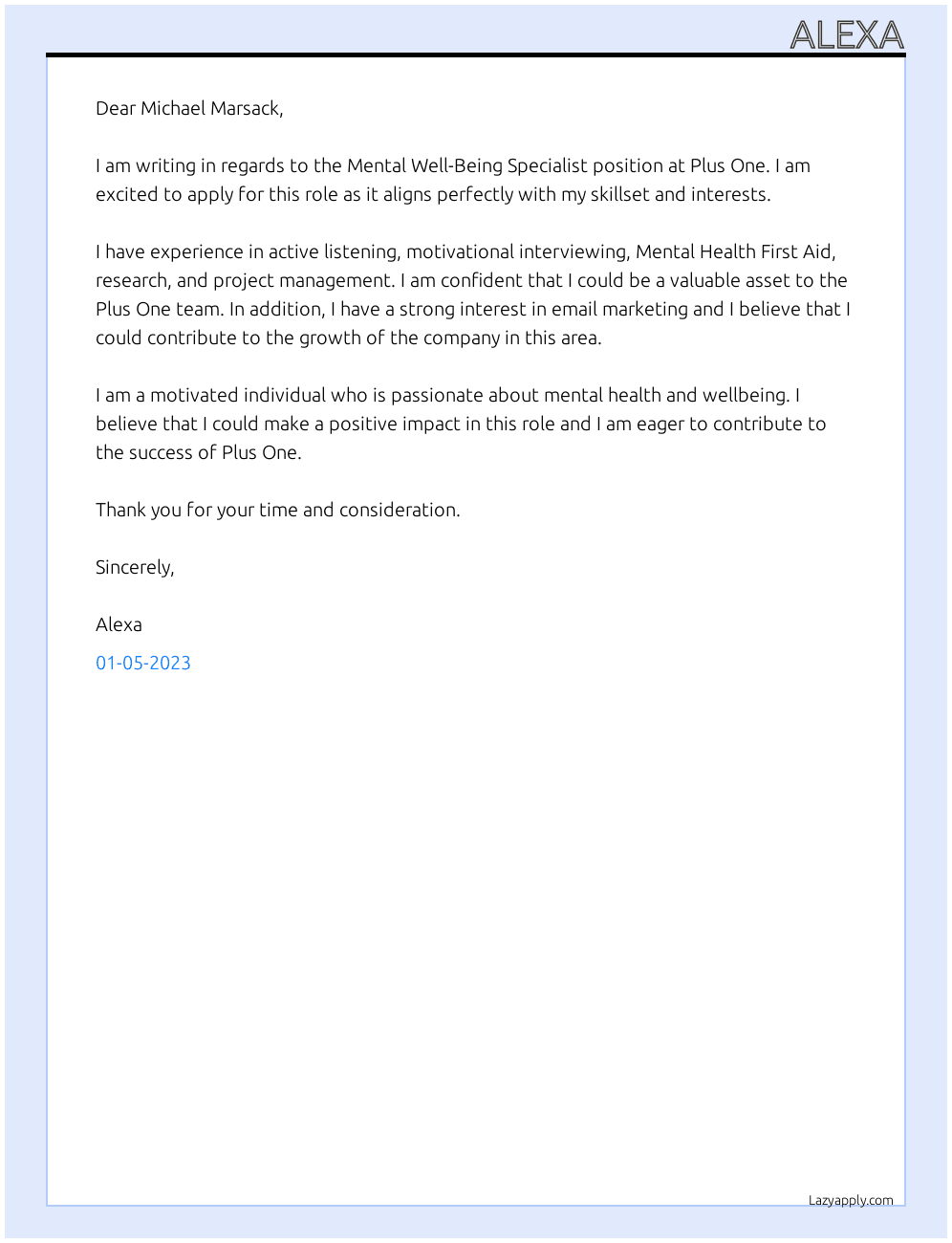 Cover letter for mental well-being specialist - LazyApply