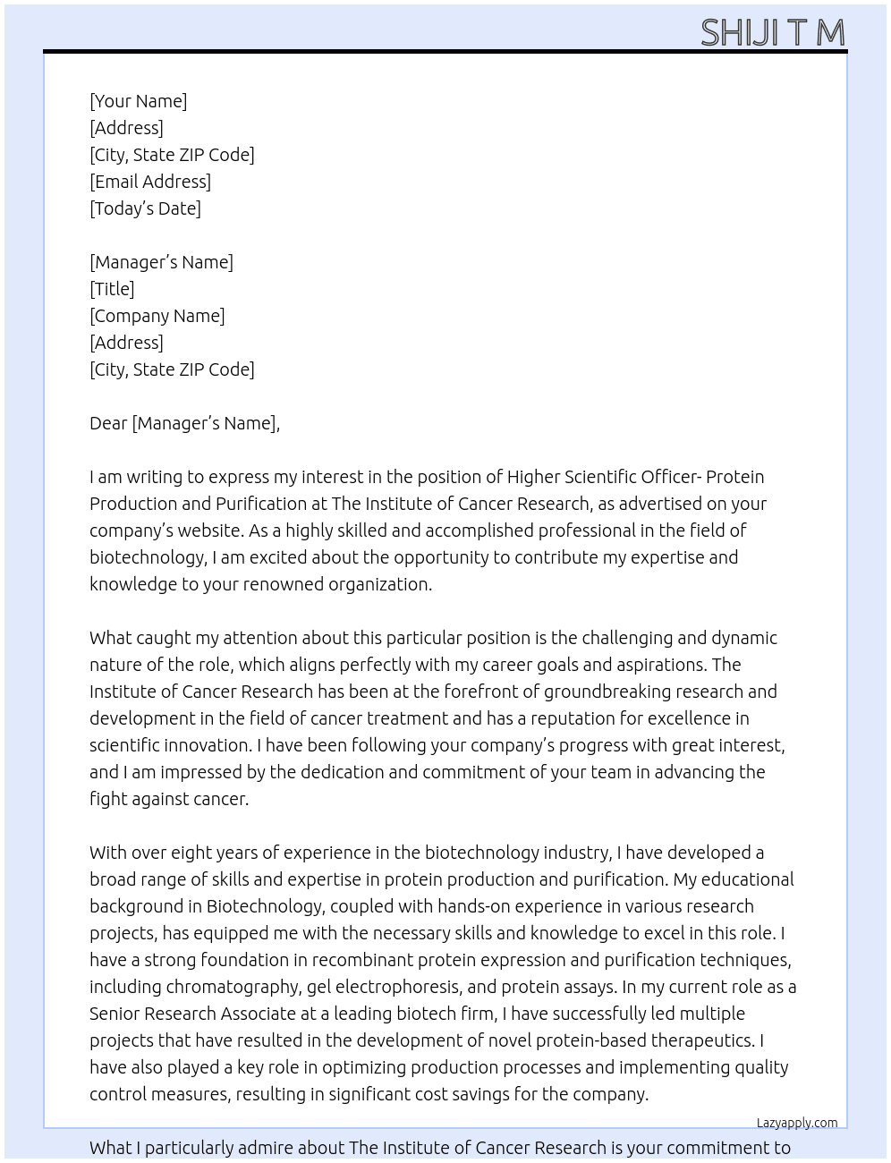 HIGHER SCIENTIFIC OFFICER-PROTEIN PRODUCTION AND PURIFICATION At THE INSTITUTE OF CANCER RESEARCH Cover Letter