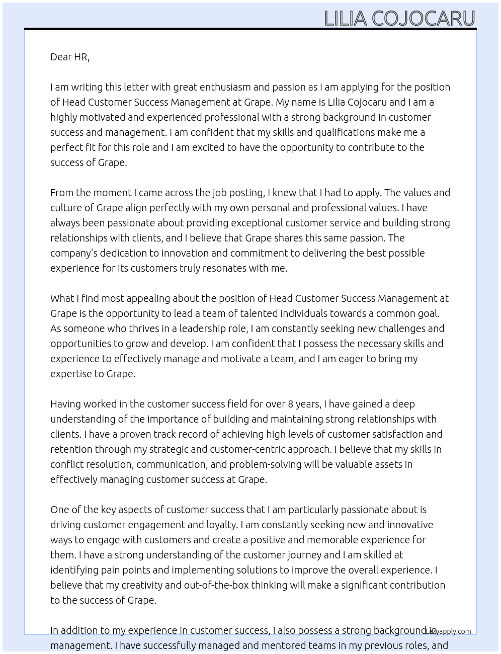 Head Customer Success Management At Grape Cover Letter