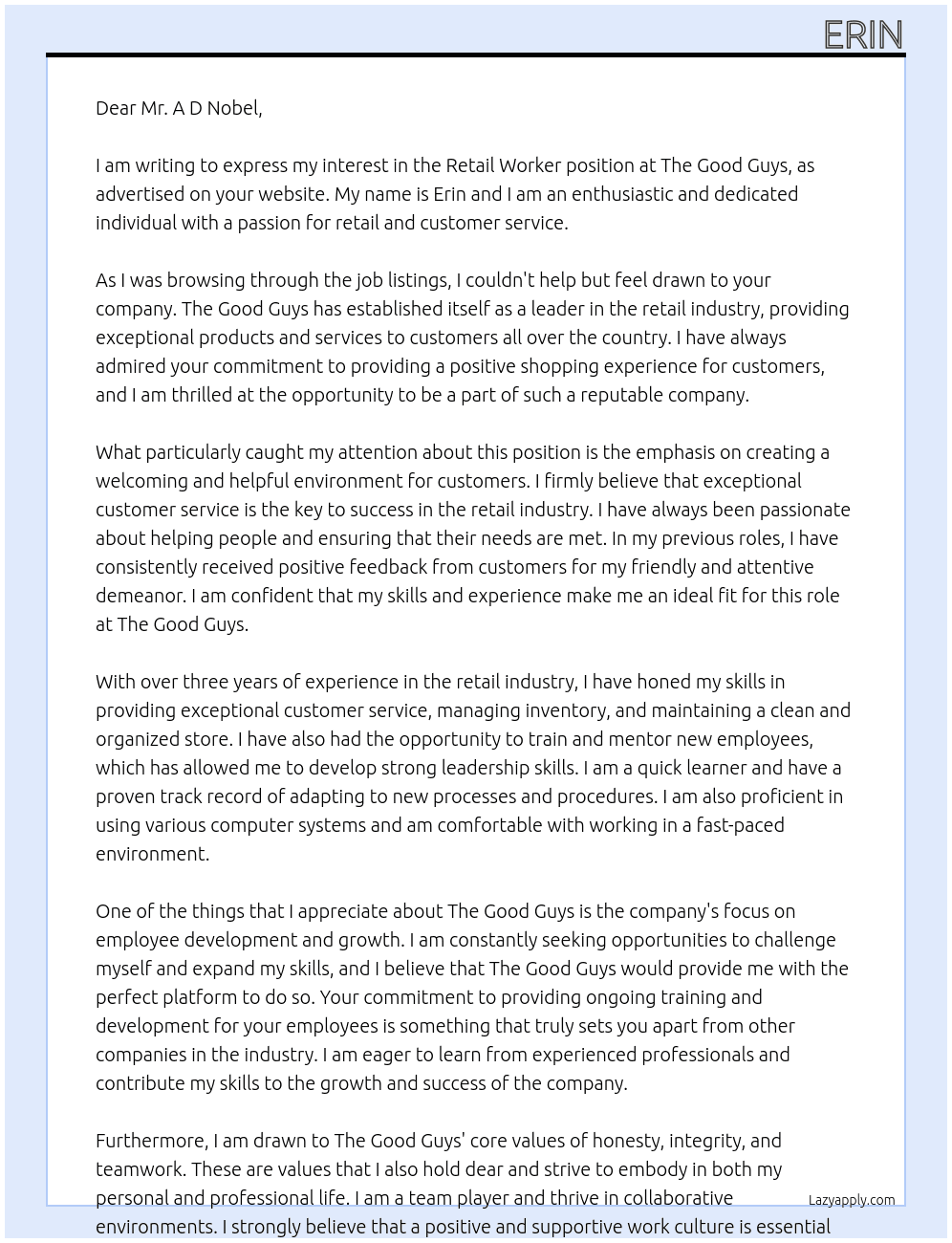 retail worker At the good guys  Cover Letter