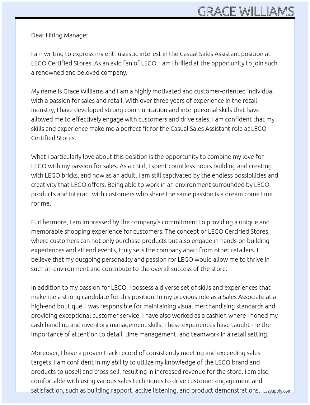 Casual Sales Assistant At LEGO Certified Stores Cover Letter