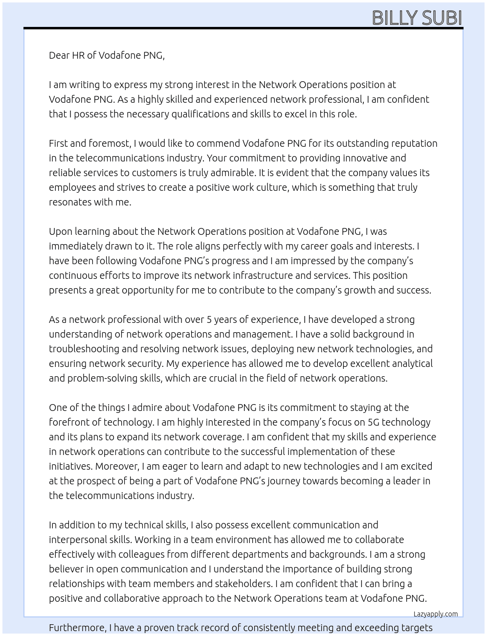 Network Operations At Vodafone PNG Cover Letter