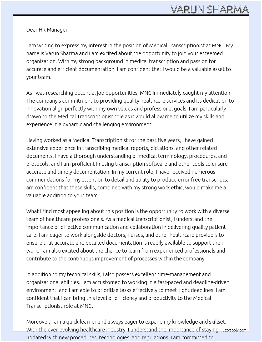 medical transcriptionist At mnc Cover Letter