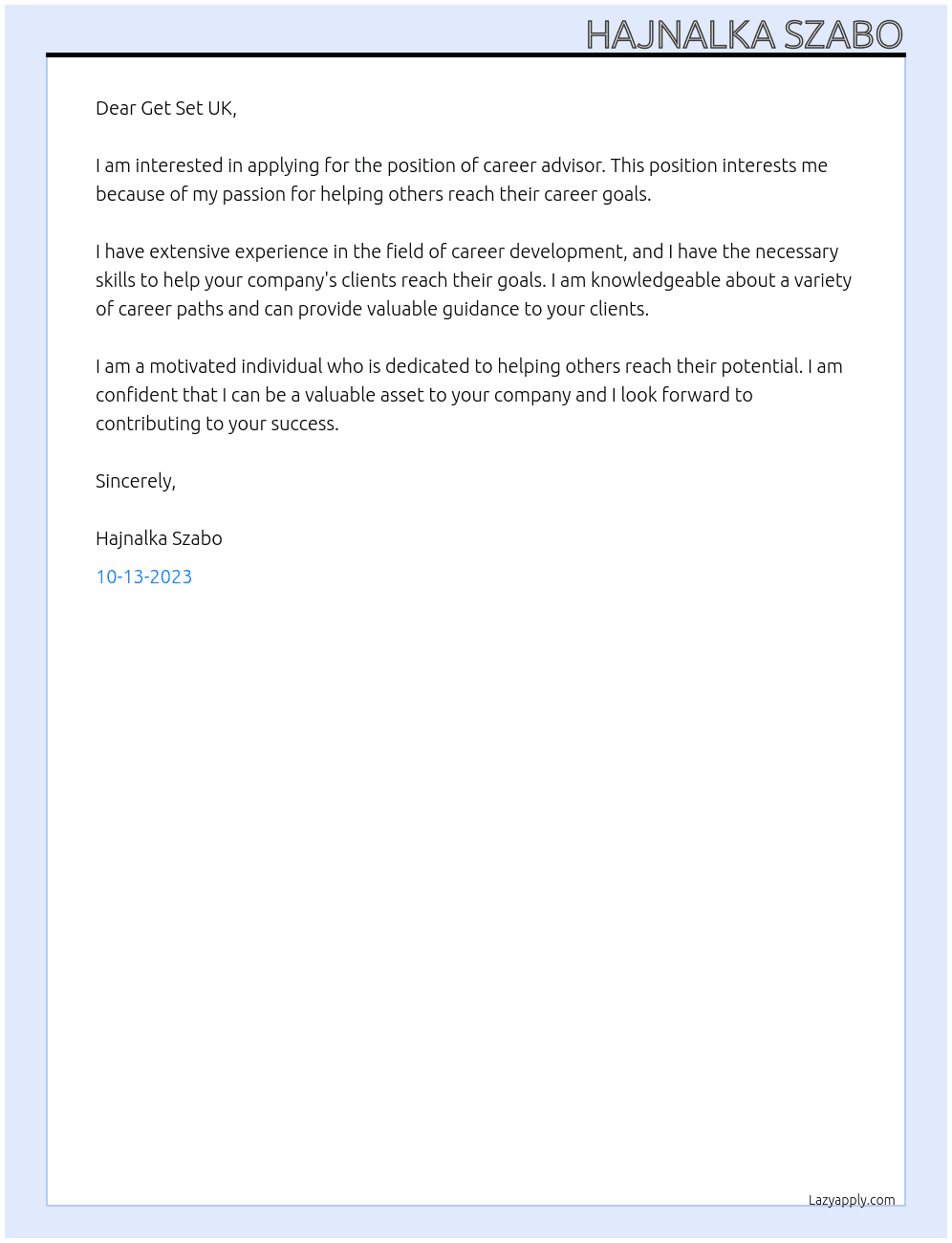 career advisor At Get Set UK Cover Letter