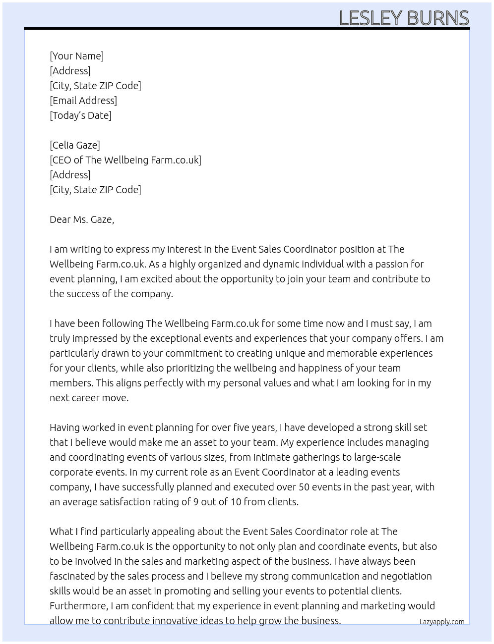 Event sales coordinator At Wellbeing farm.co.uk Cover Letter