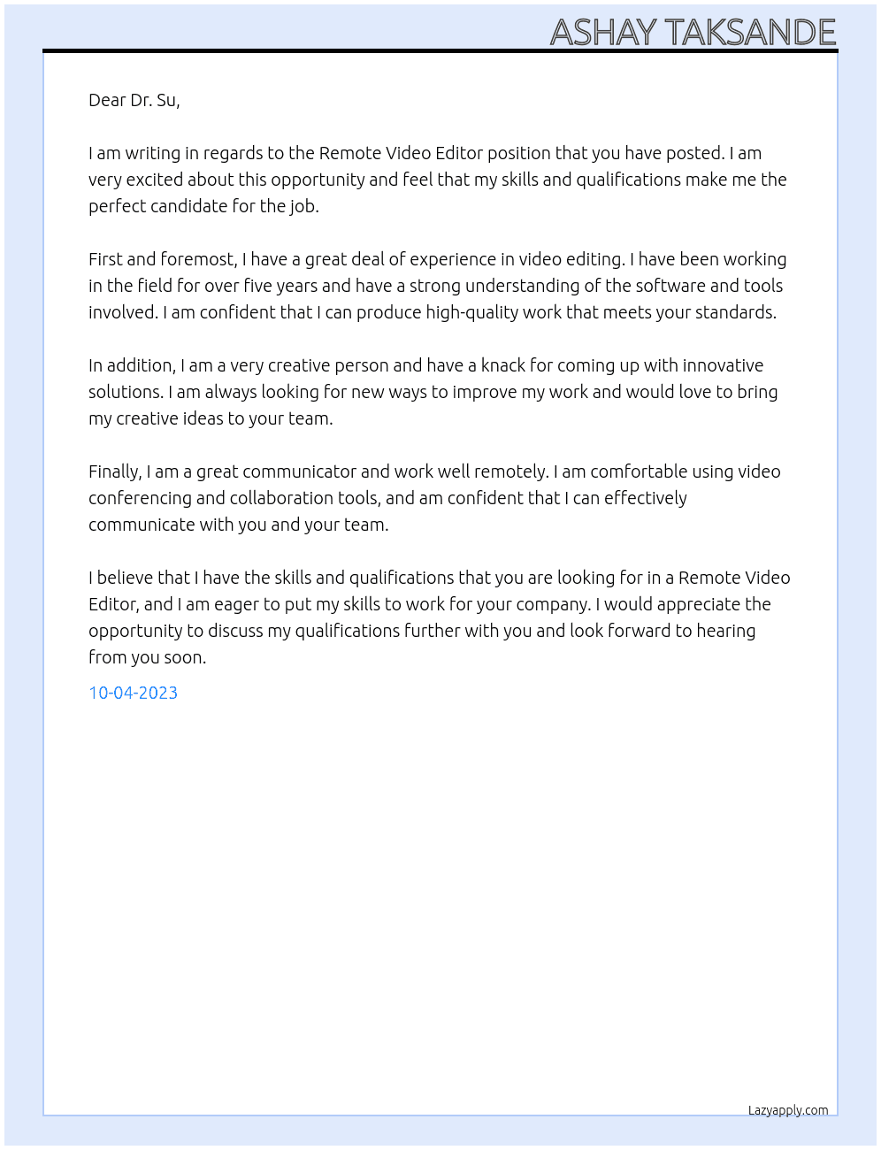 Remote Video Editor At Dr. Su Cover Letter