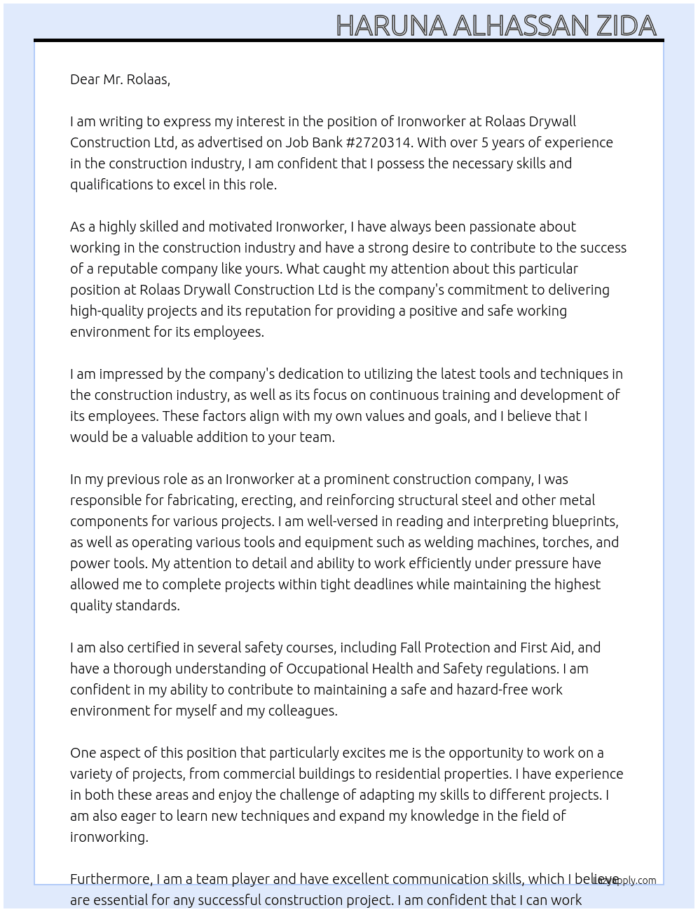 Ironworker At Job Bank #2720314 Cover Letter