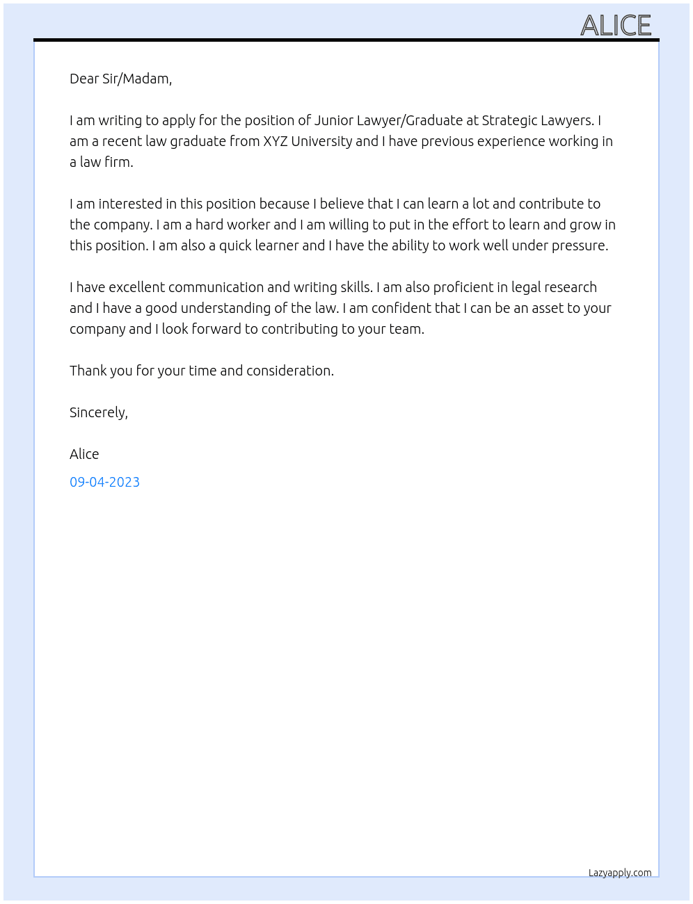 Junior Lawyer/Graduate At Strategic Lawyers Cover Letter
