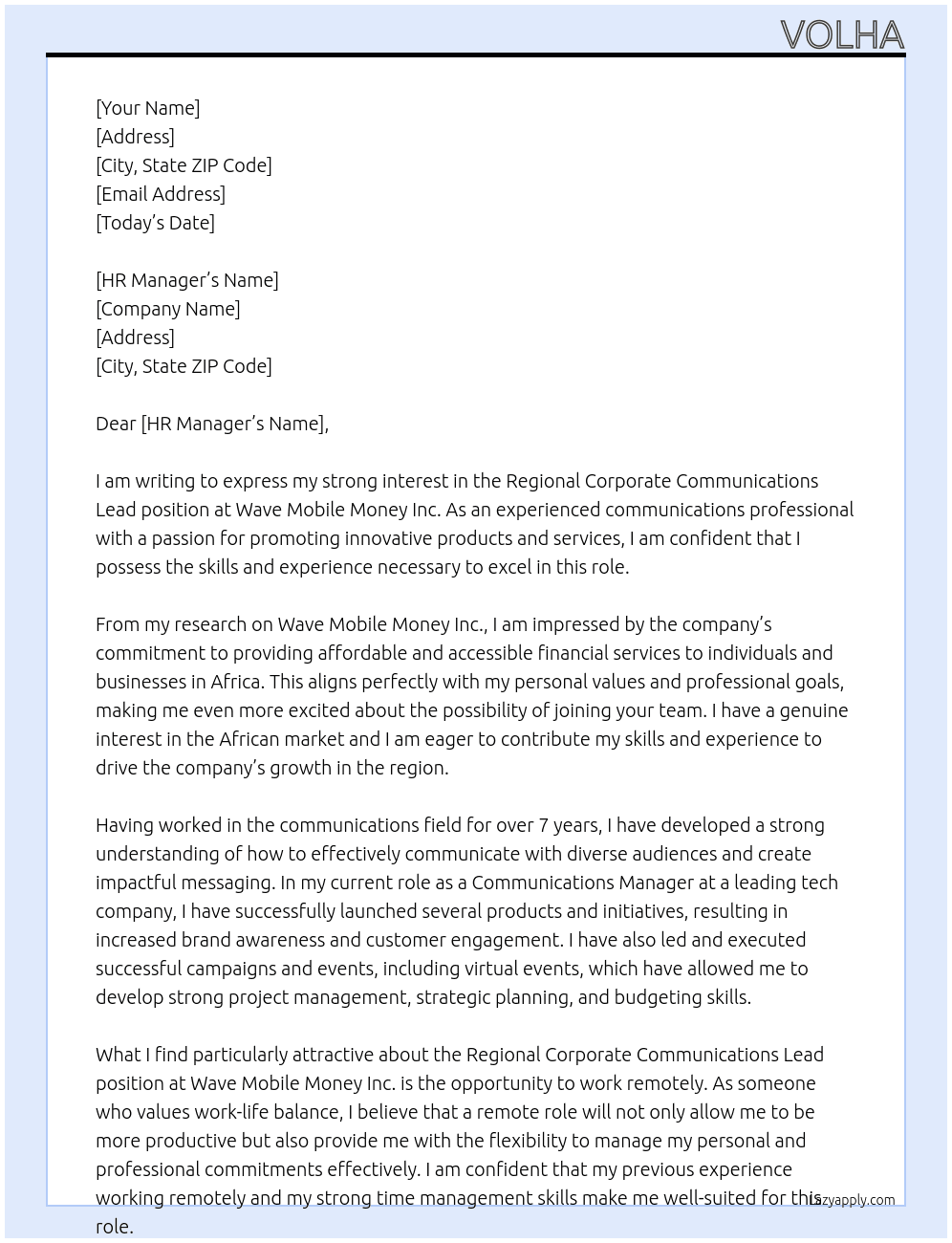 Regional Corporate Communications Lead At Wave Mobile Money Inc. Cover Letter