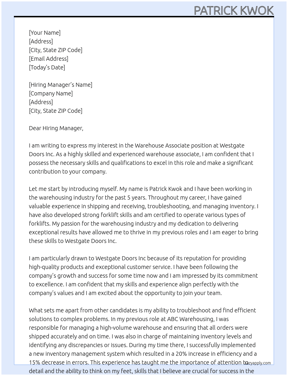 Warehouse Associate At Westgate Doors inc Cover Letter