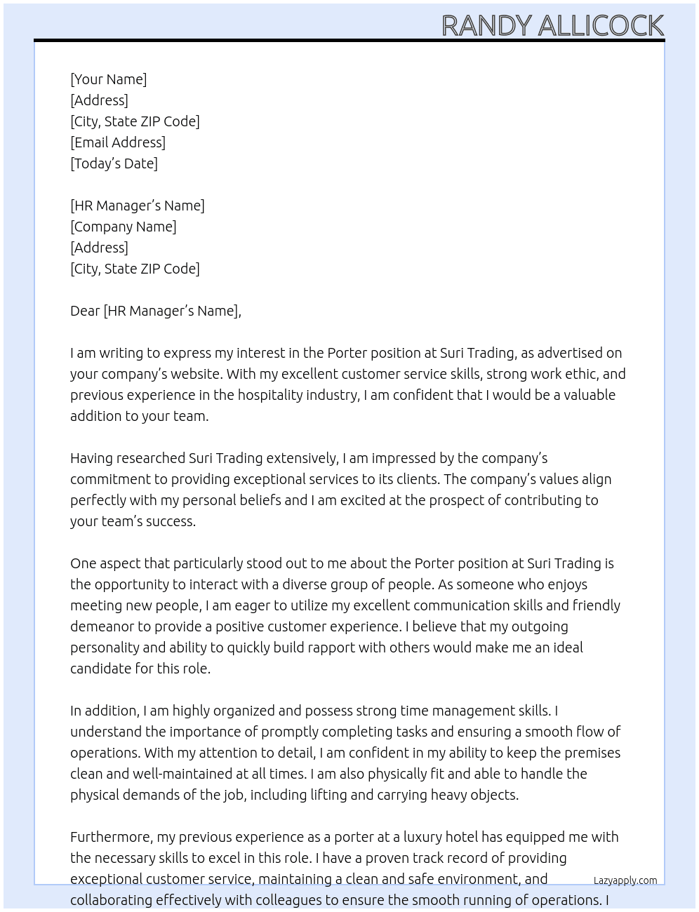 Porter At Suri Trading Cover Letter