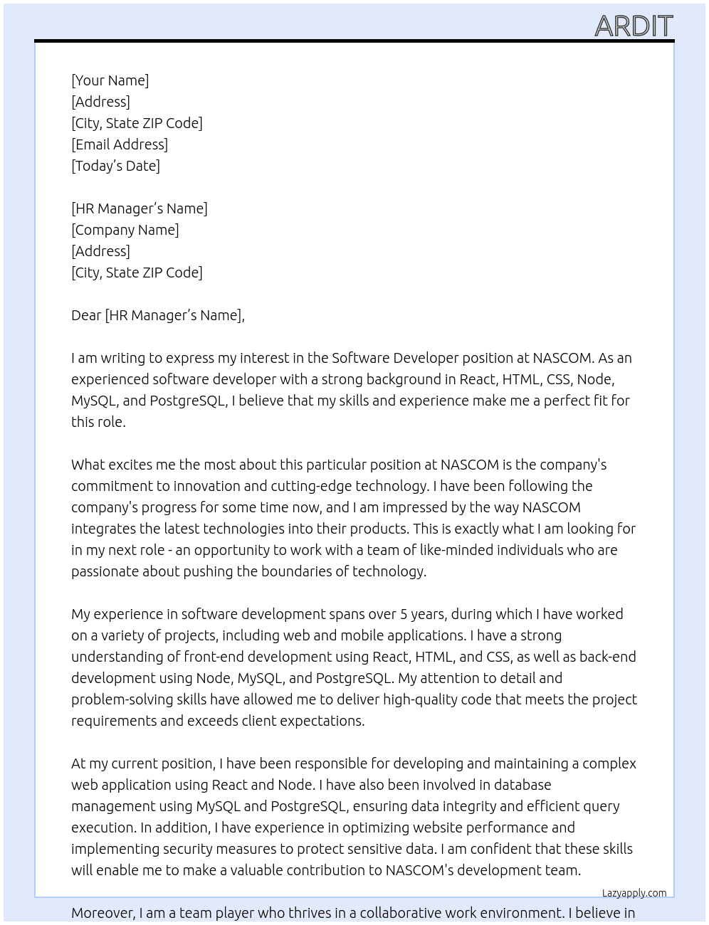Software developer At NASCOM Cover Letter