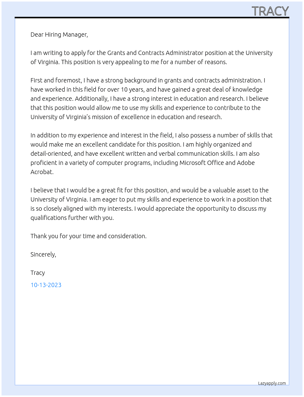 Grants and Contracts Administrator  At University of Virginia Cover Letter