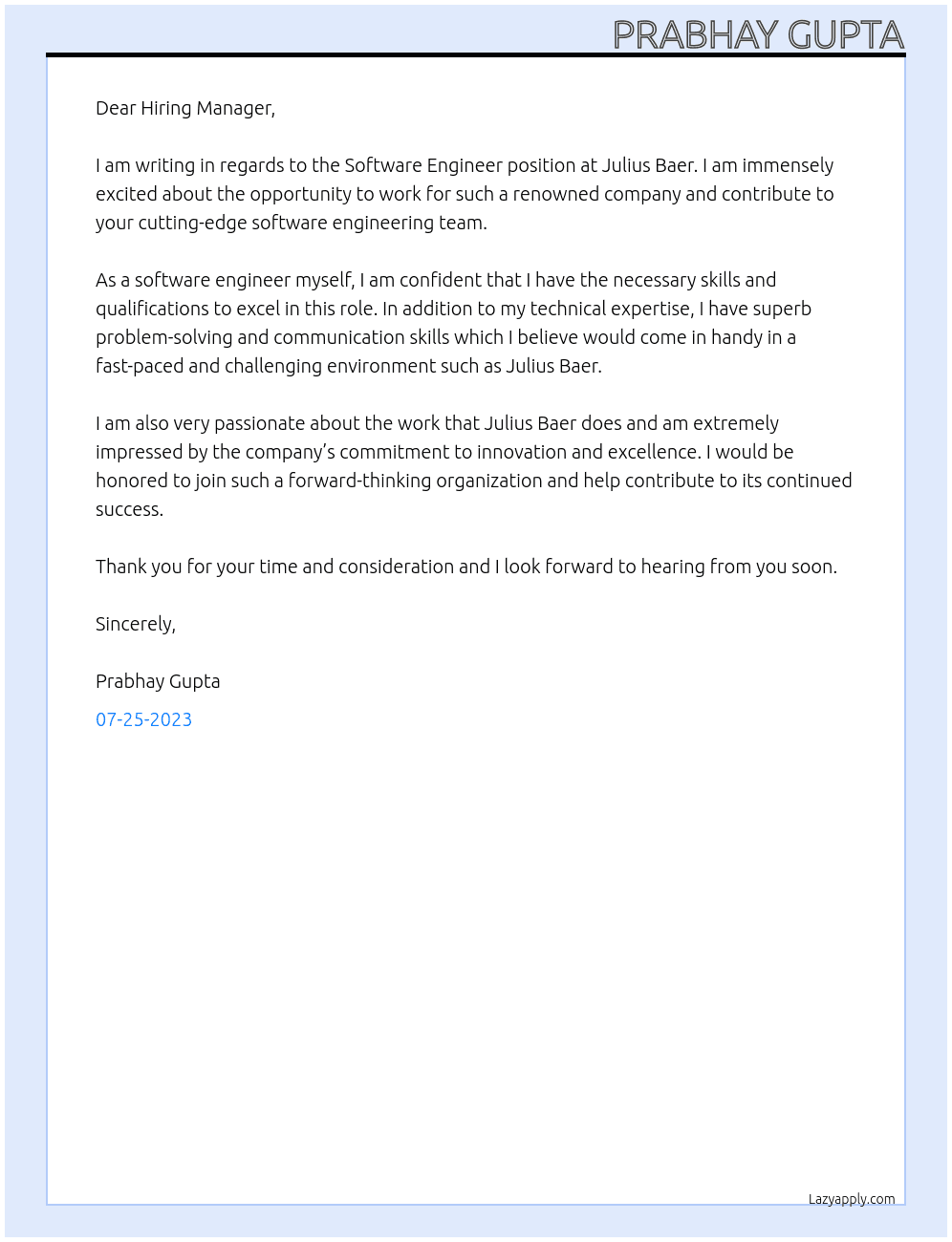 Software Engineer At Julius Baer Cover Letter
