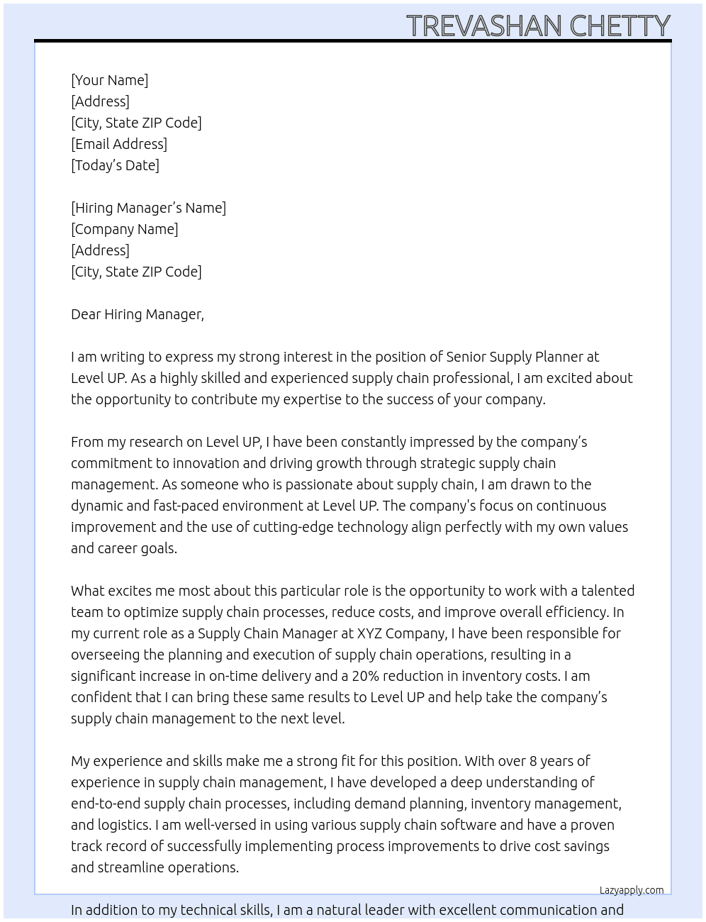 Senior Supply Planner At Level UP Cover Letter