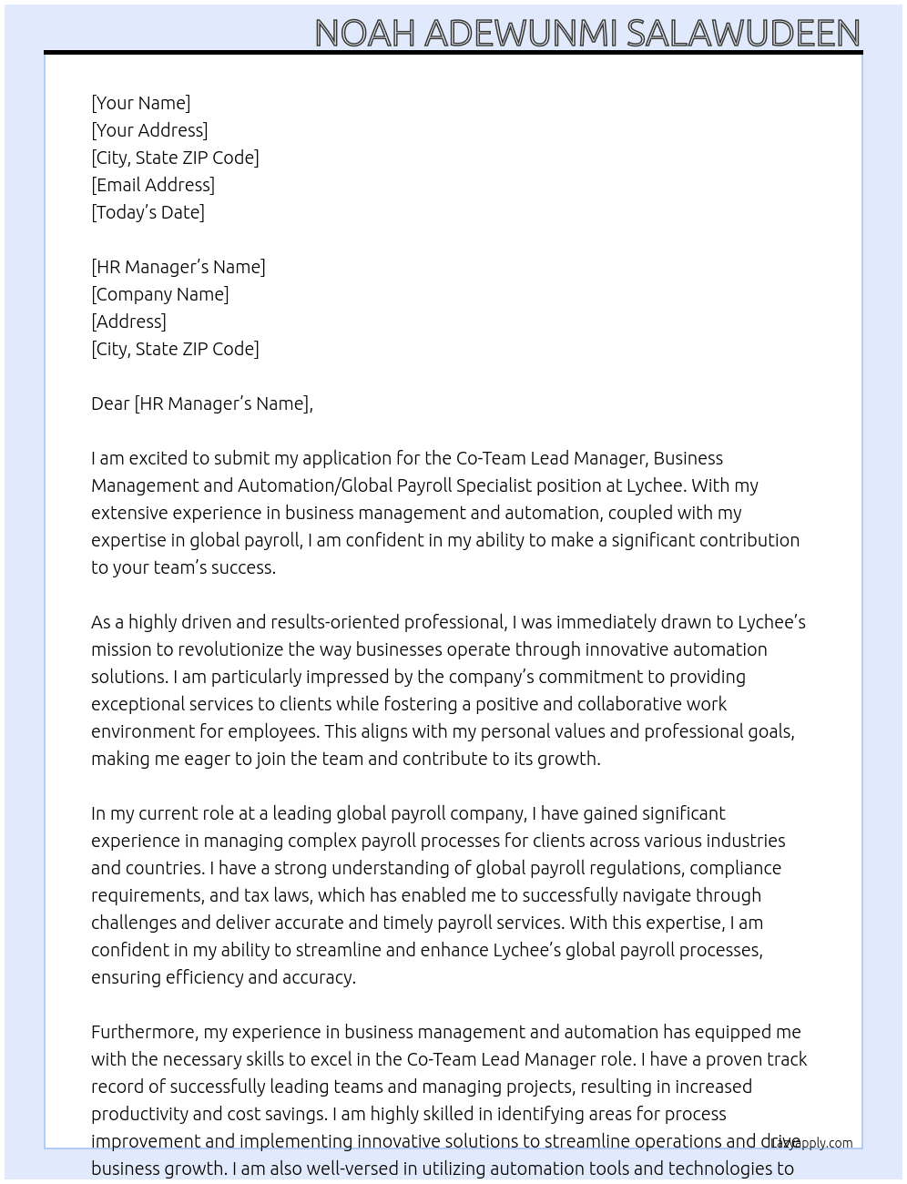 Co-Team Lead Manager, Business Management and Automation/Global Payroll Specialist At Lychee Cover Letter