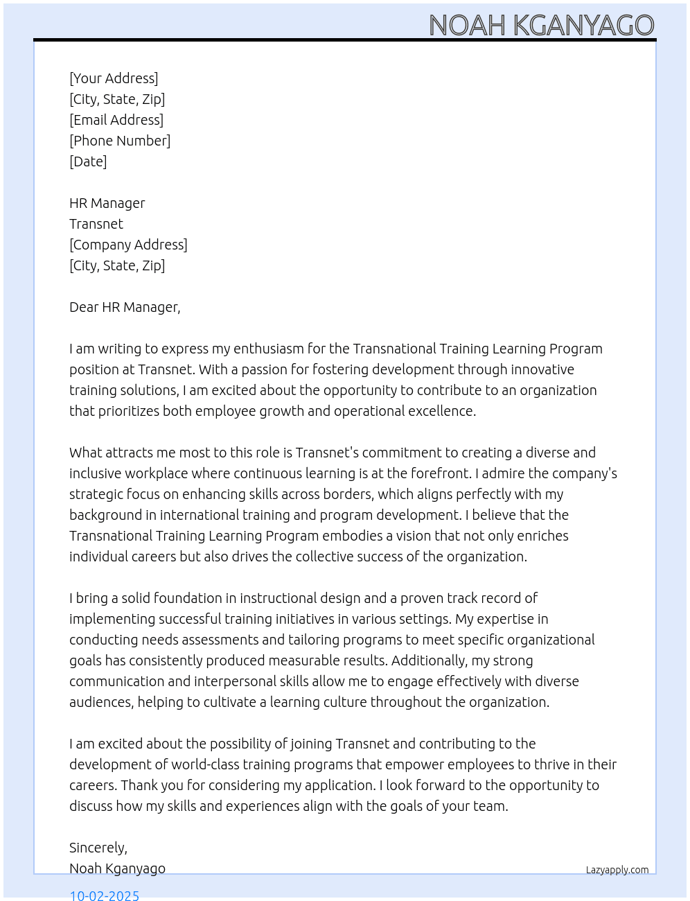 Cover letter for transnational training learning program - LazyApply