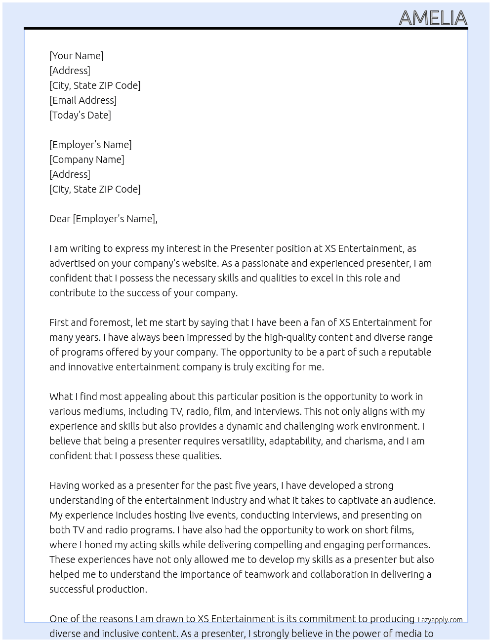 Presenter - TV - Radio - Film - Interviews At XS Entertainment Cover Letter