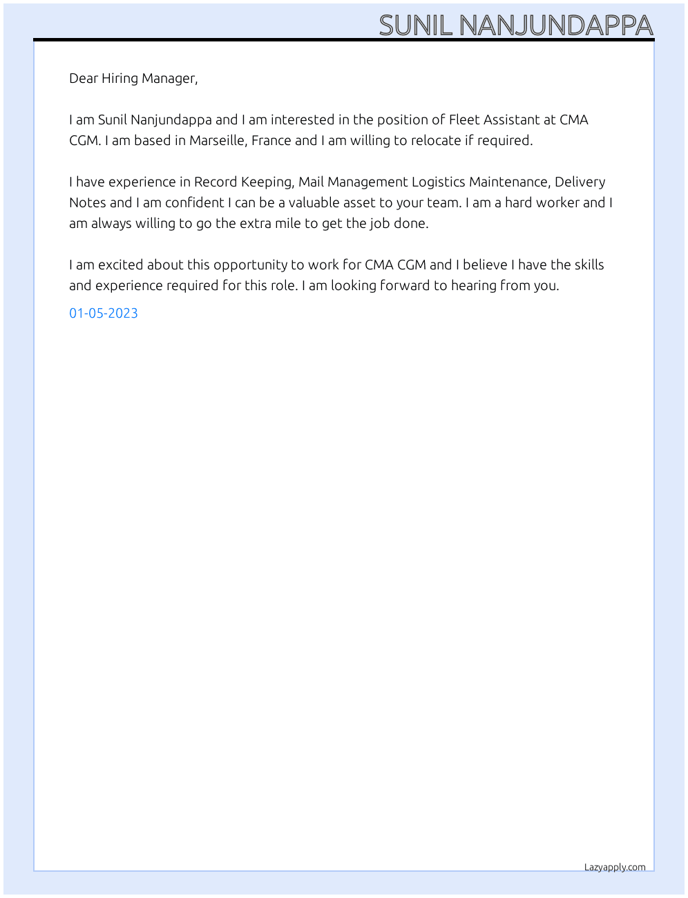 Fleet Assistant  At CMA CGM Cover Letter