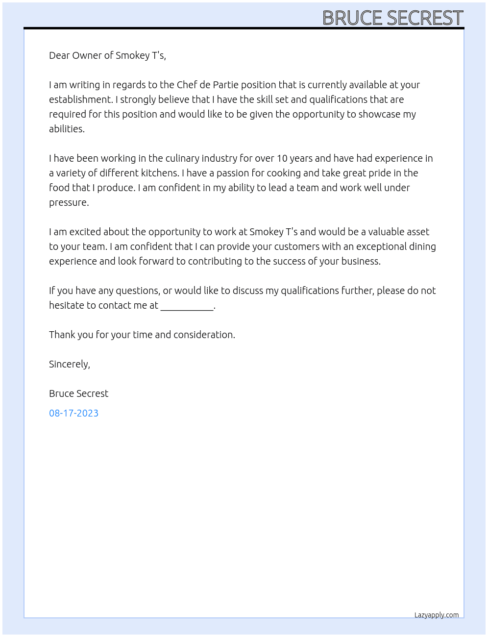 Chef de Partie At Smokey T's Cover Letter