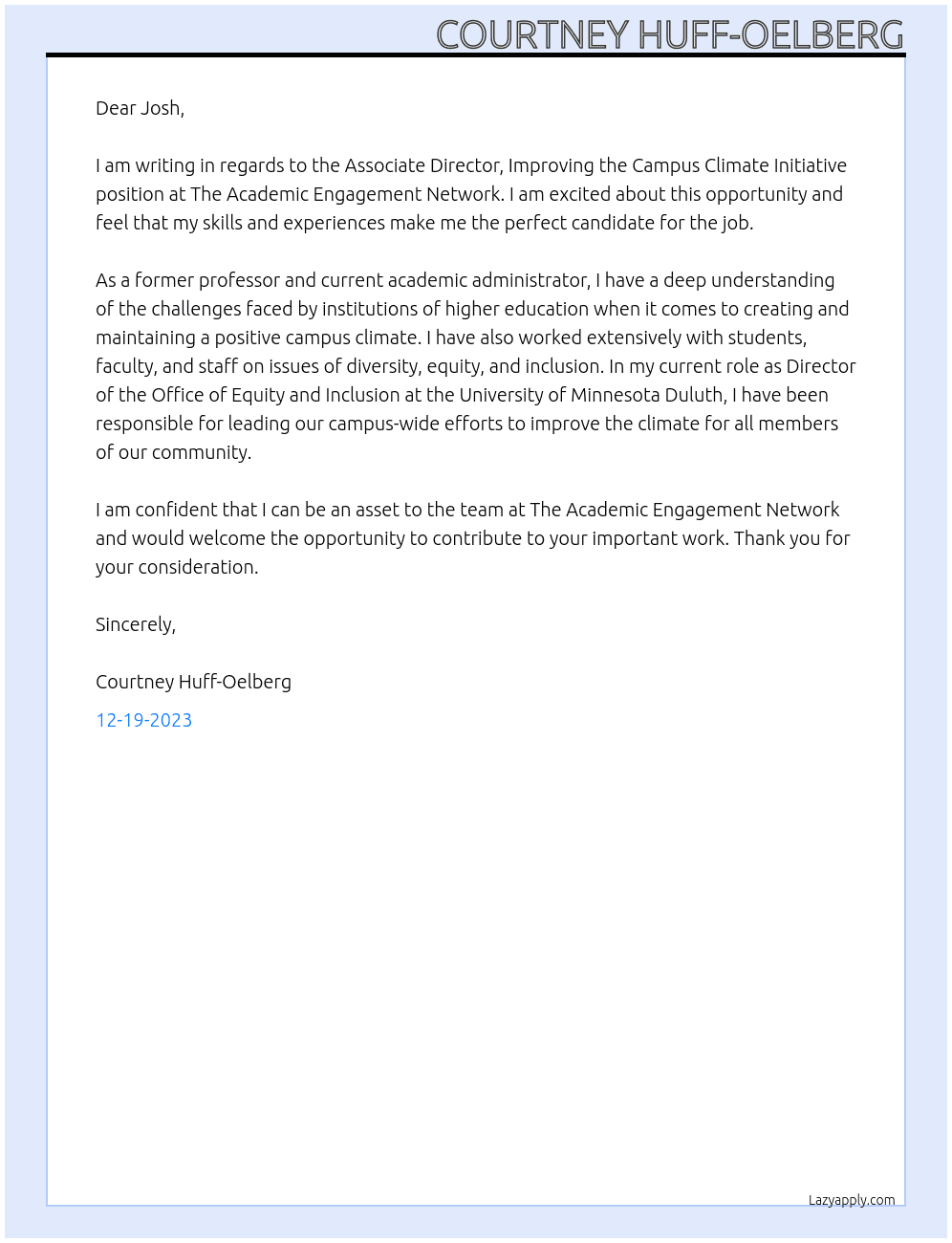 Associate Director, Improving the Campus Climate Initiative At The Academic Engagement Network Cover Letter