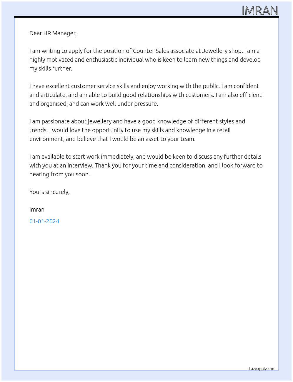 Counter Sales associate  At Jewellery shop Cover Letter