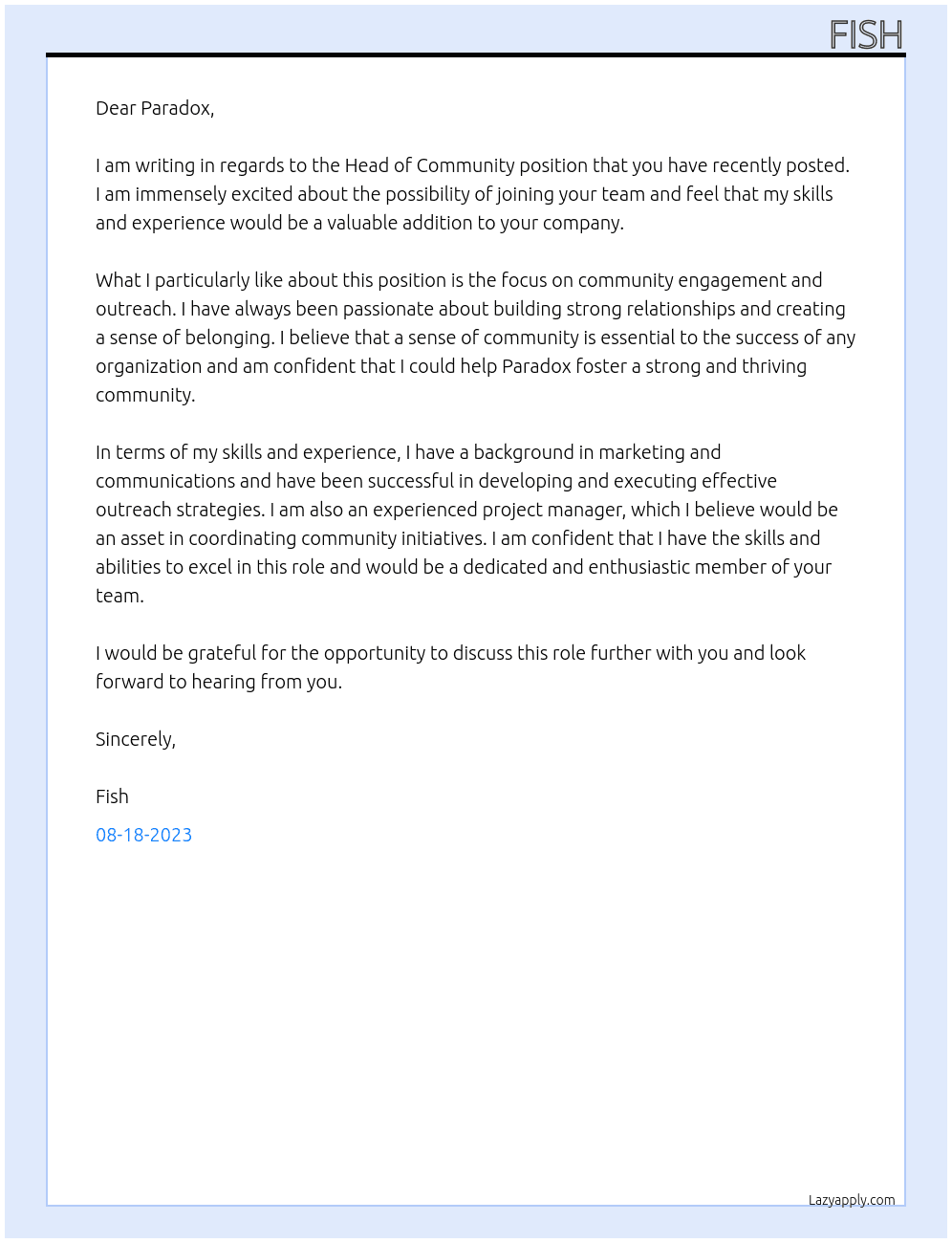 Head of Community At Paradox Cover Letter