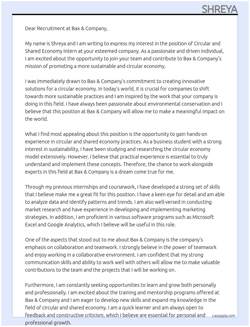 Circular and Shared Economy Intern At Bax & Company Cover Letter