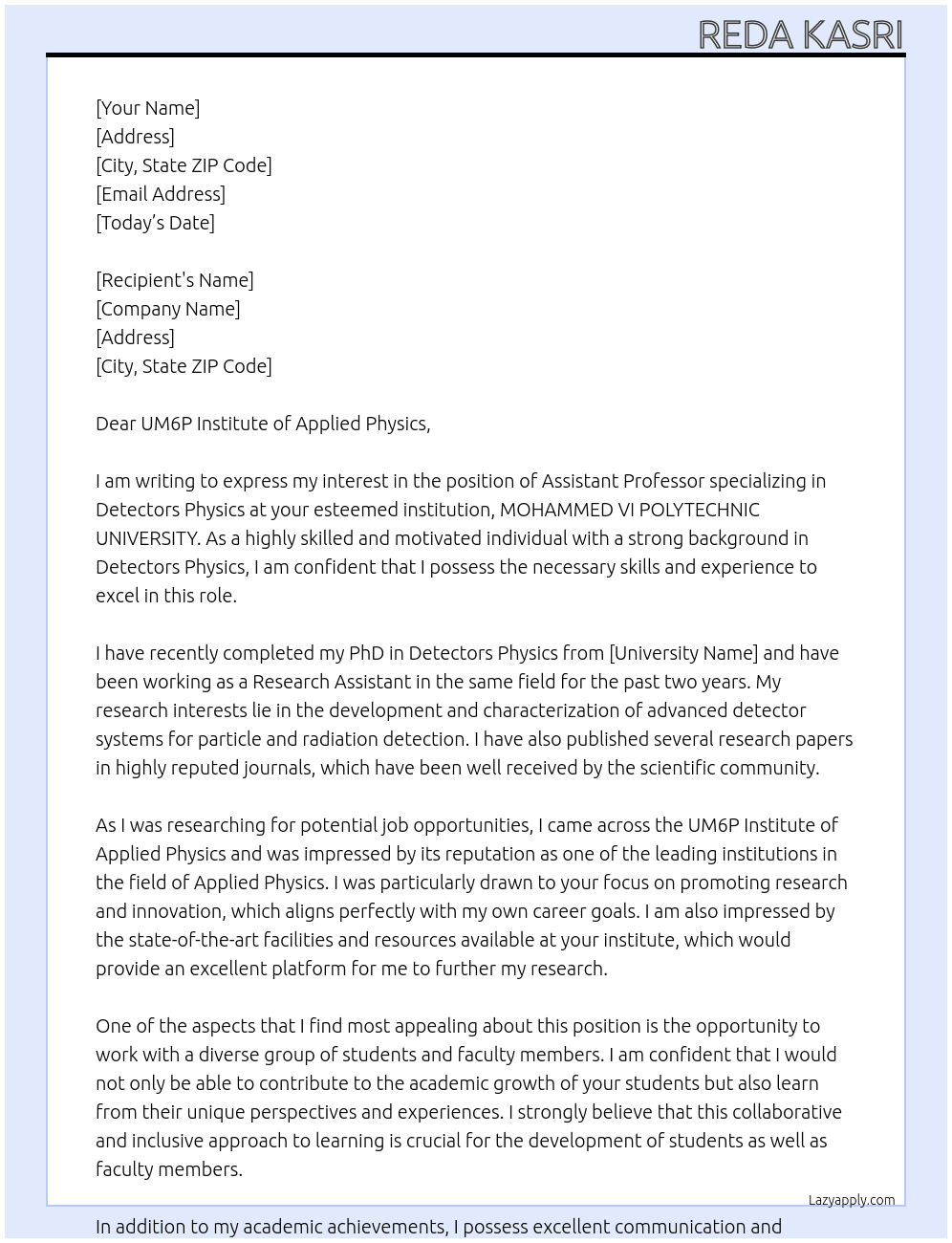 Assistant Professor specializing in Detectors Physics At MOHAMMED VI POLYTECHNIC UNIVERSITY Cover Letter