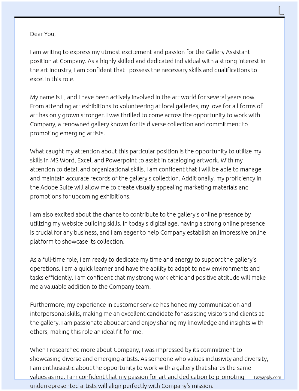 Gallery Assistant At Company Cover Letter