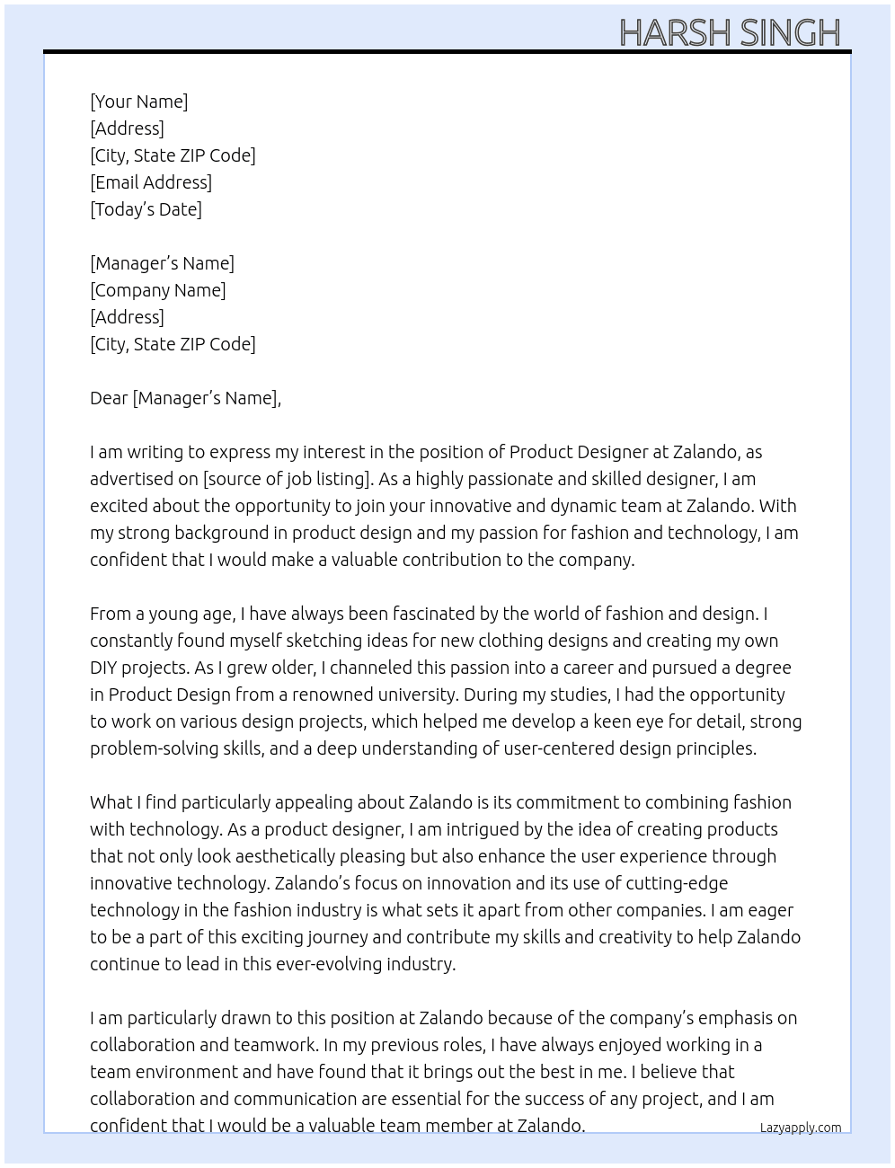 Product designer  At Zalando  Cover Letter