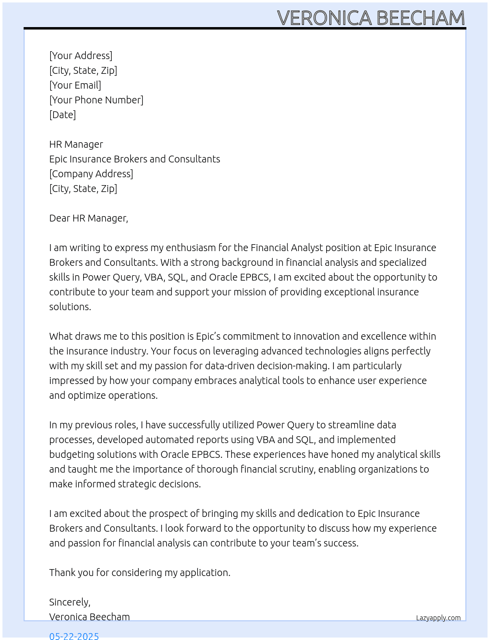 Financial analyst At Epic Insurance Brokers and Consultants Cover Letter