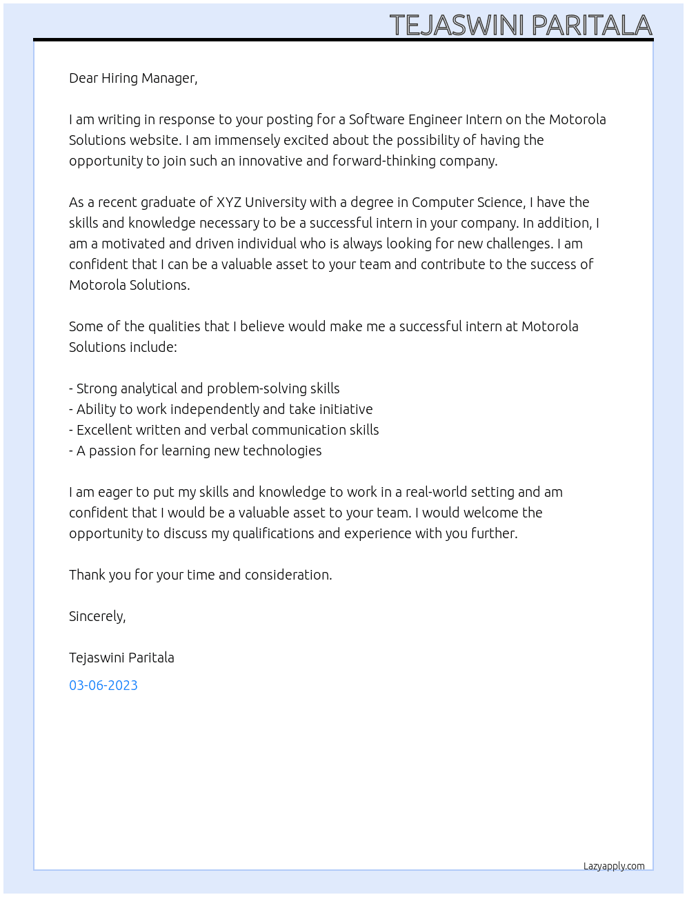 Software engineer intern At Motorola Solutions  Cover Letter